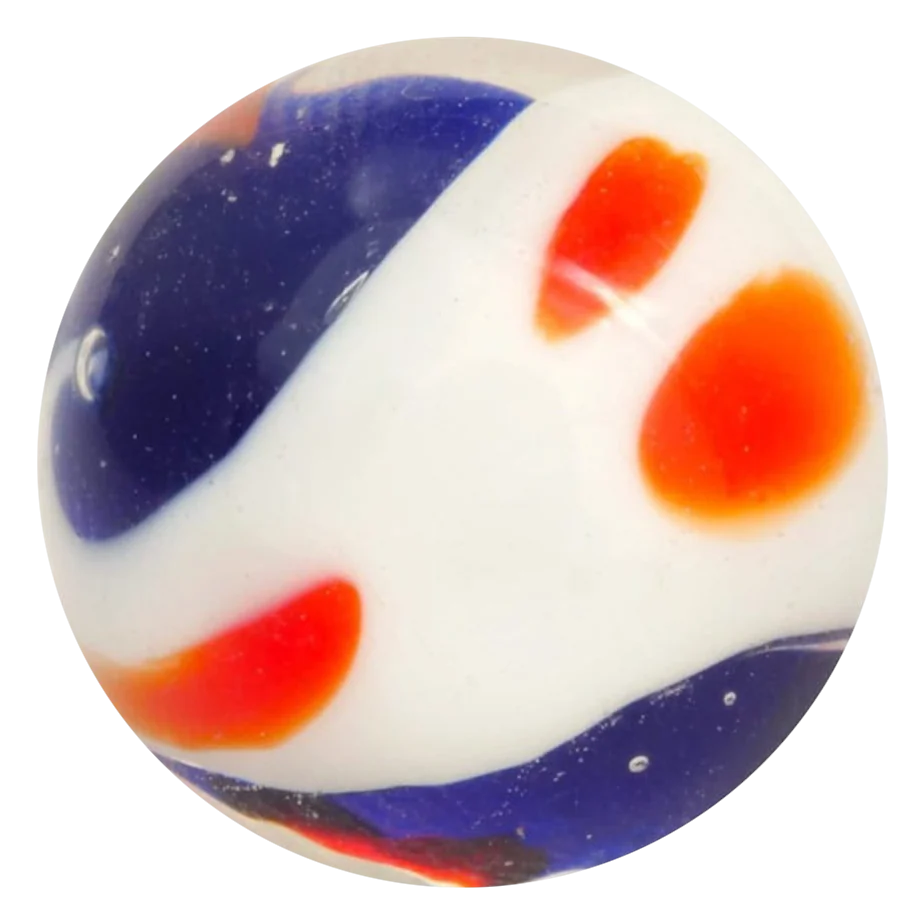 Yin Yang bleu-blanc 16mm : bille faite main bleu foncé et blanc, taches orange
