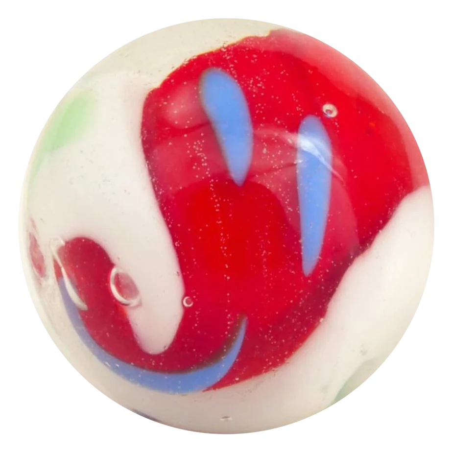 Yin Yang rouge-blanc 16mm : bille faite main rouge et blanc, traits bleu clair