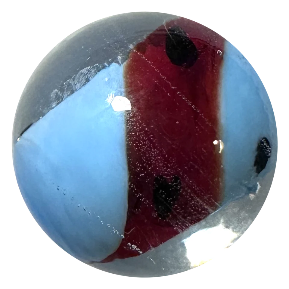 Yin Yang bleu clair-rouge 16mm : bille faite main bleu clair et rouge foncé, points noirs