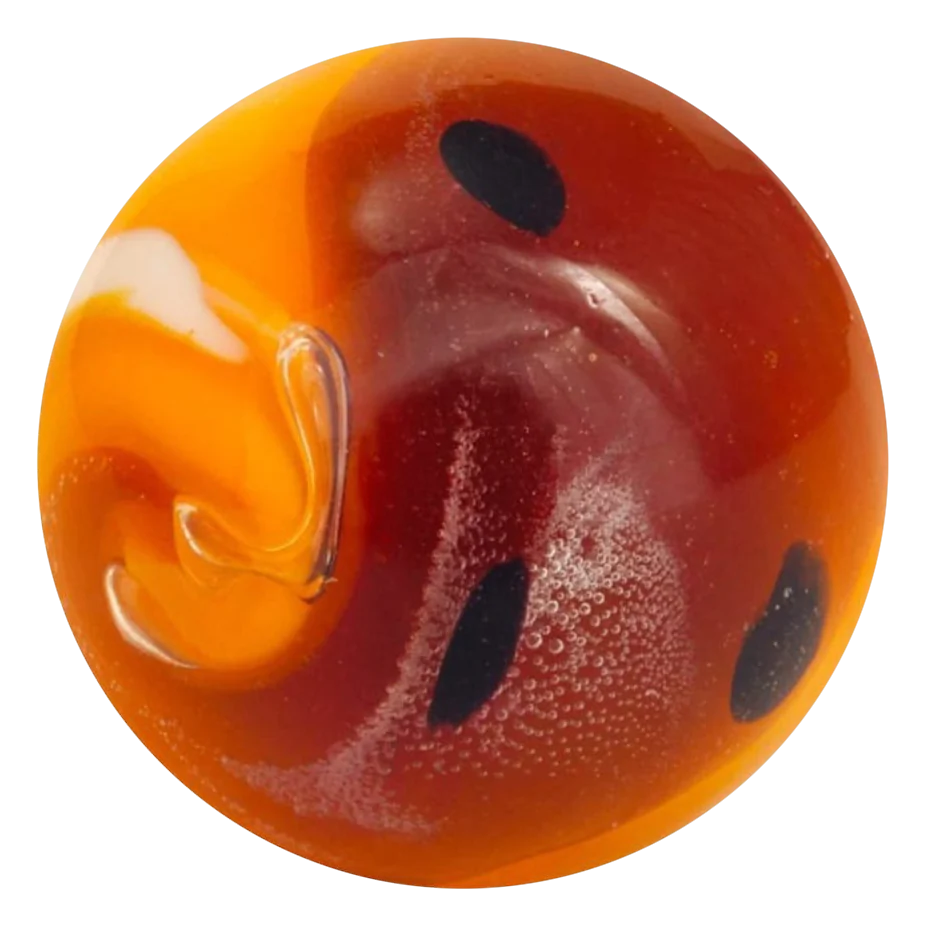 Yin Yang orange 16mm : bille faite main orange et rouge foncé, points noirs