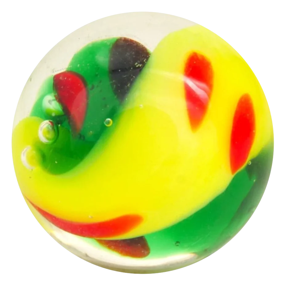 Yin Yang jaune-vert 16mm : bille faite main jaune et vert, taches rouges