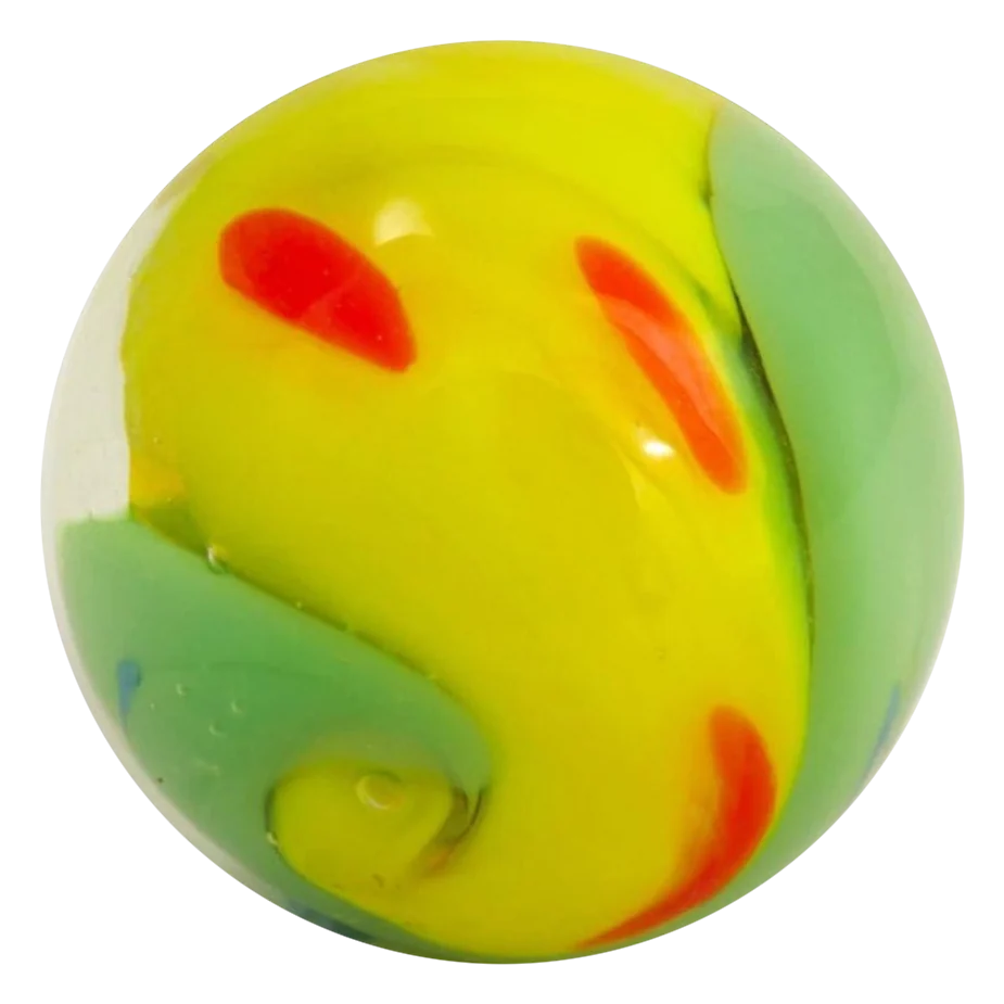 Yin Yang jaune-vert clair 16mm : bille faite main jaune et vert clair, taches rouges