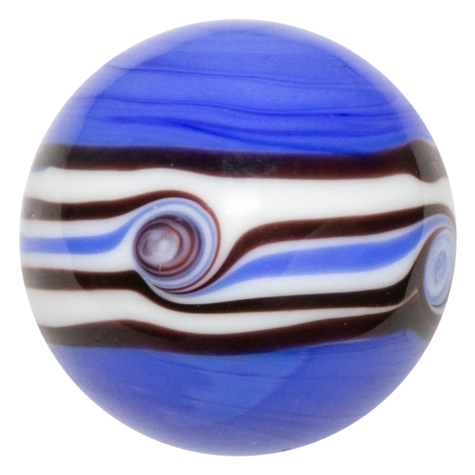 Riptide violet 16mm : bille faite main bleu violet, bande blanche et lignes noires