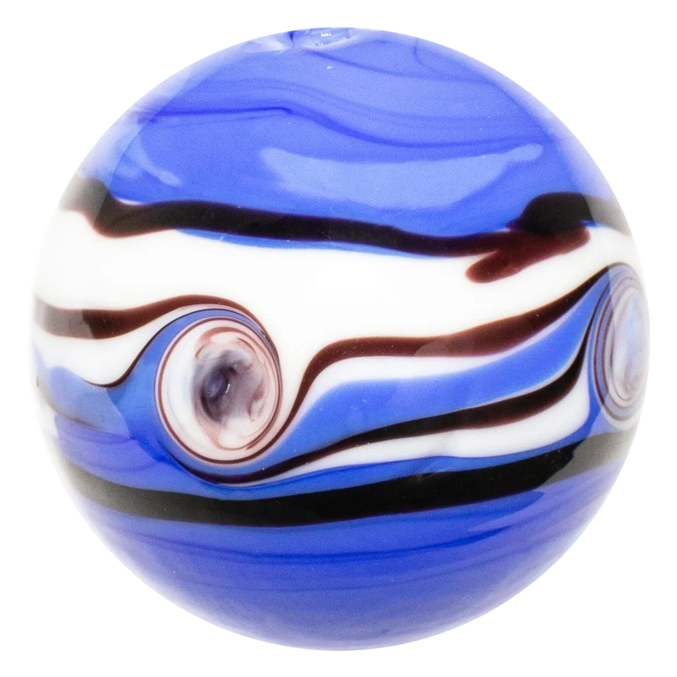 Riptide violet 22mm : bille faite main bleu violet, bande blanche et lignes noires