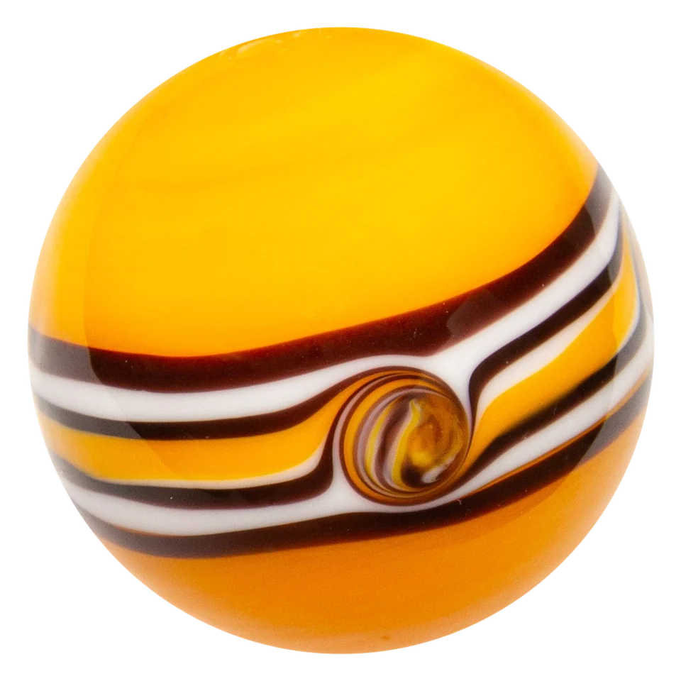 Riptide orange 16mm : bille faite main jaune orangé, bande blanche et lignes noires