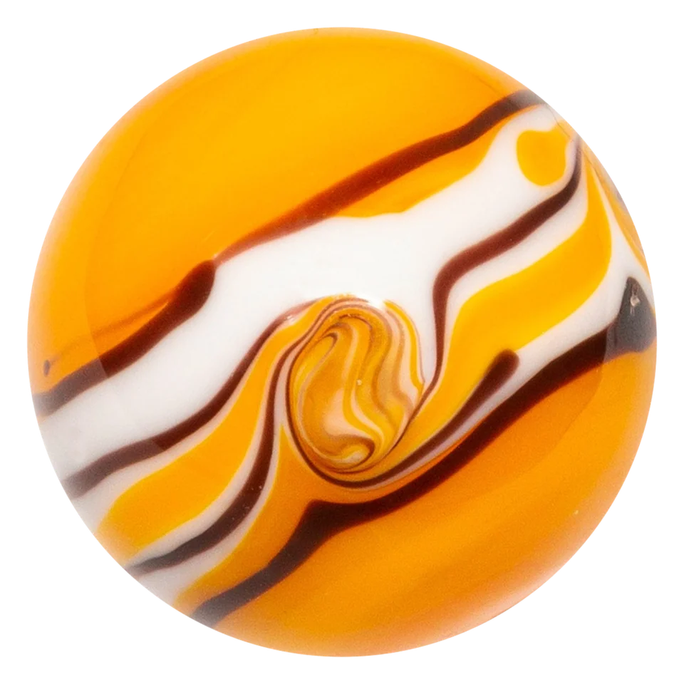 Riptide orange 22mm : bille faite main jaune orangé, bande blanche et lignes noires