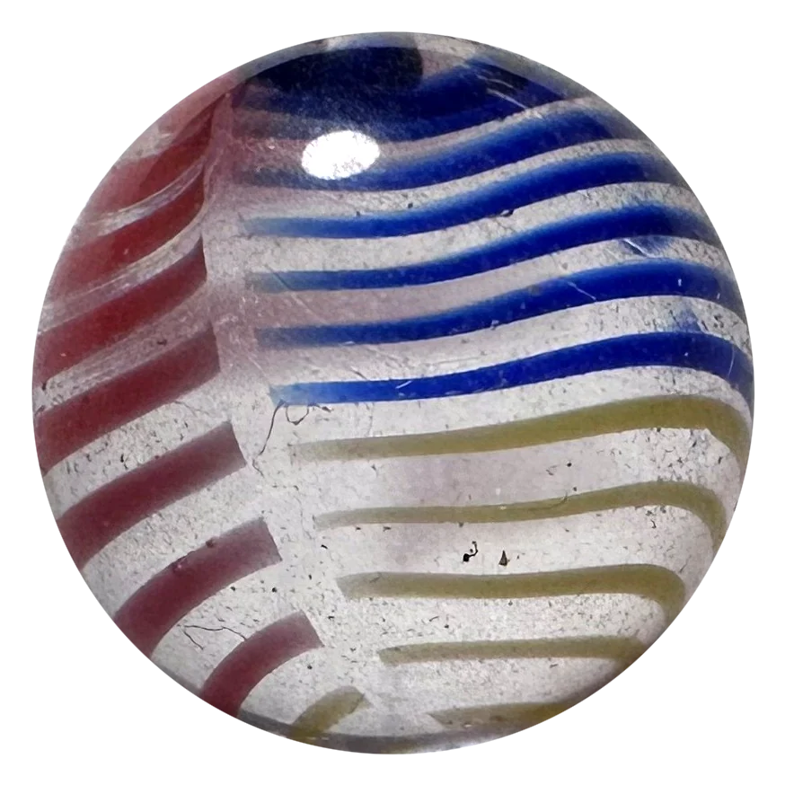 Fête foraine 16mm : bille en verre clair à lignes rouges, bleues et jaunes